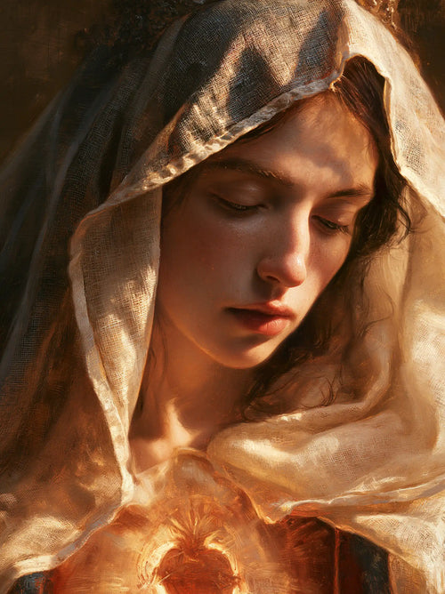 a close portrait of Mary with her Immaculate Heart in Psychological Close-Up style, portrait Christian artwork no. 7