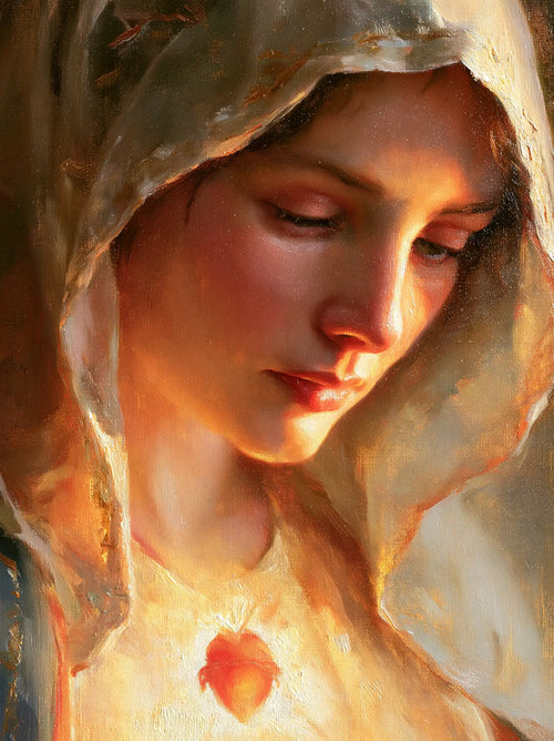 a close portrait of Mary with her Immaculate Heart in Psychological Close-Up style, portrait Christian artwork no. 14