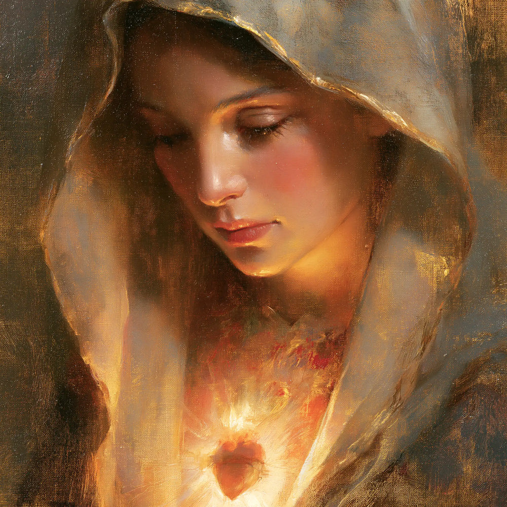 a close portrait of Mary with her Immaculate Heart in Psychological Close-Up style, square Christian artwork no. 2