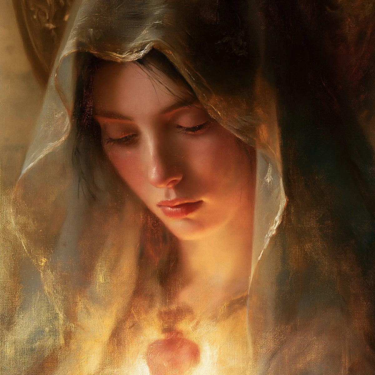 a close portrait of Mary with her Immaculate Heart in Psychological Close-Up style, square Christian artwork no. 8