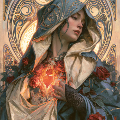 the Immaculate Heart of Mary framed by sacred Art Nouveau ornament in Sacred Art Nouveau style, square Christian artwork no. 2