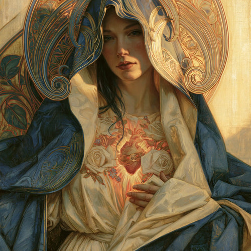 the Immaculate Heart of Mary framed by sacred Art Nouveau ornament in Sacred Art Nouveau style, square Christian artwork no. 4