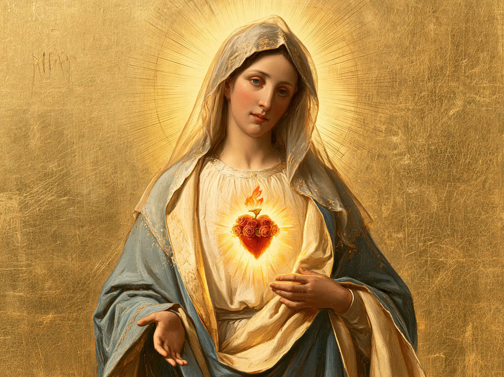 Mary revealing her Immaculate Heart in Sacred Gold style, landscape Christian artwork no. 6