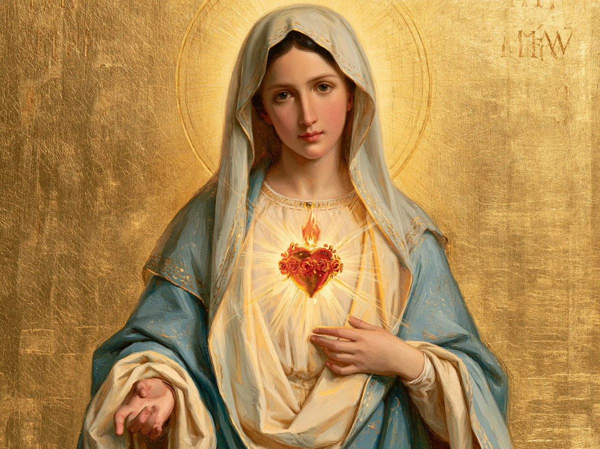 Mary revealing her Immaculate Heart in Sacred Gold style, landscape Christian artwork no. 7