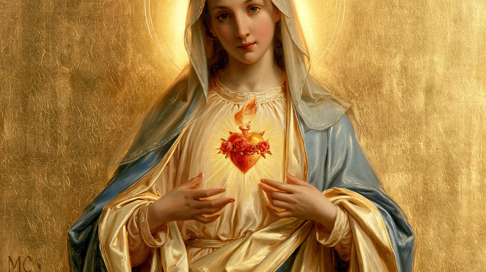 Mary revealing her Immaculate Heart in Sacred Gold style, landscape Christian artwork no. 13