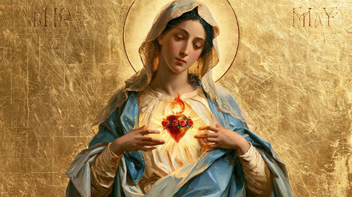 Mary revealing her Immaculate Heart in Sacred Gold style, landscape Christian artwork no. 14