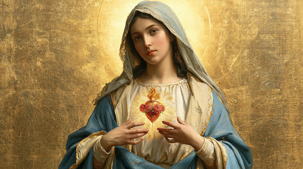 Mary revealing her Immaculate Heart in Sacred Gold style, landscape Christian artwork no. 18