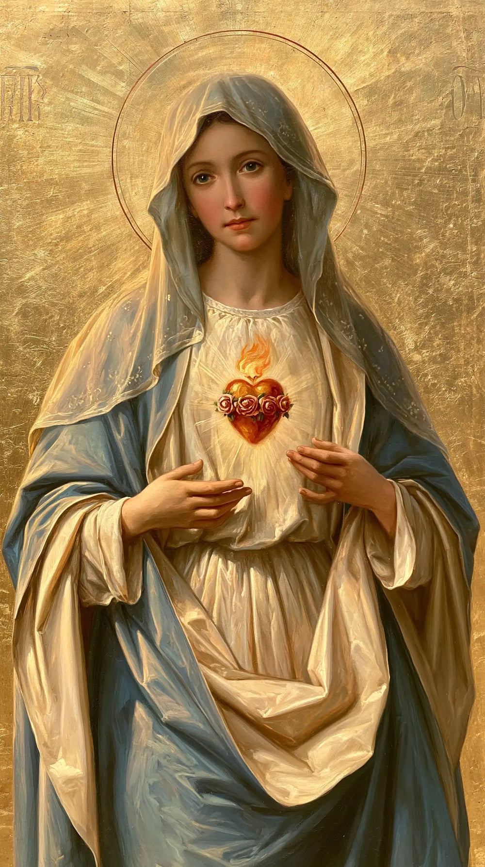 Mary revealing her Immaculate Heart in Sacred Gold style, portrait Christian artwork no. 6