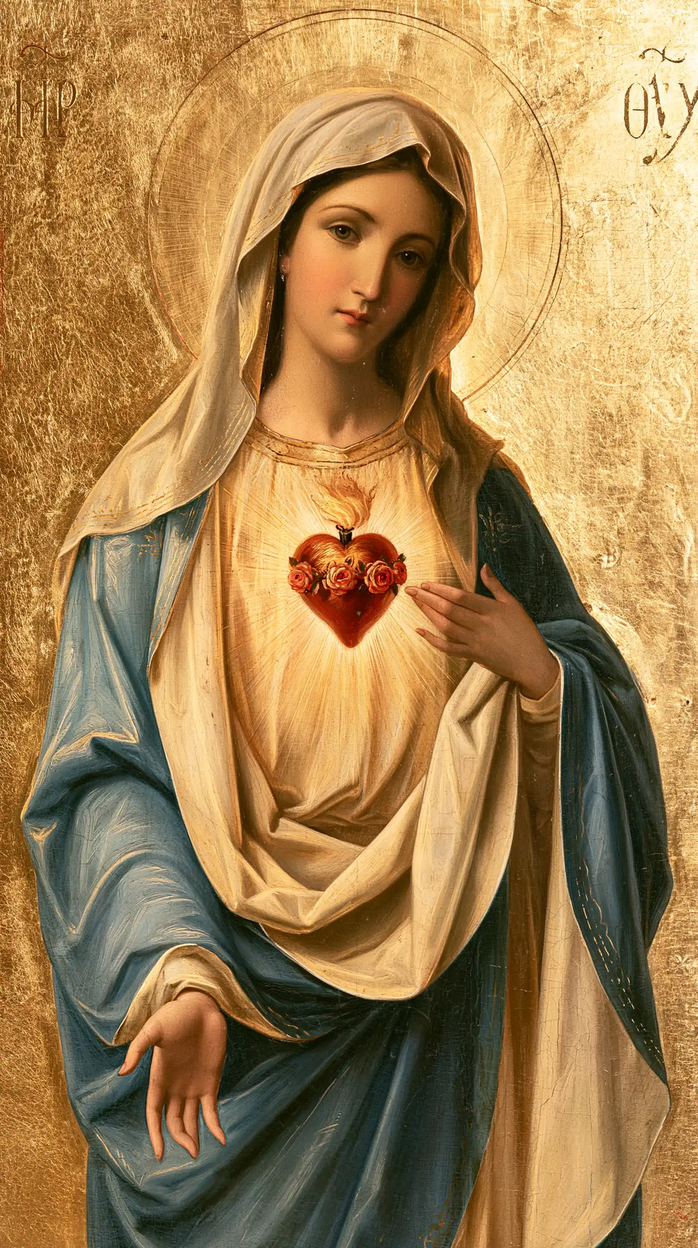 Mary revealing her Immaculate Heart in Sacred Gold style, portrait Christian artwork no. 13