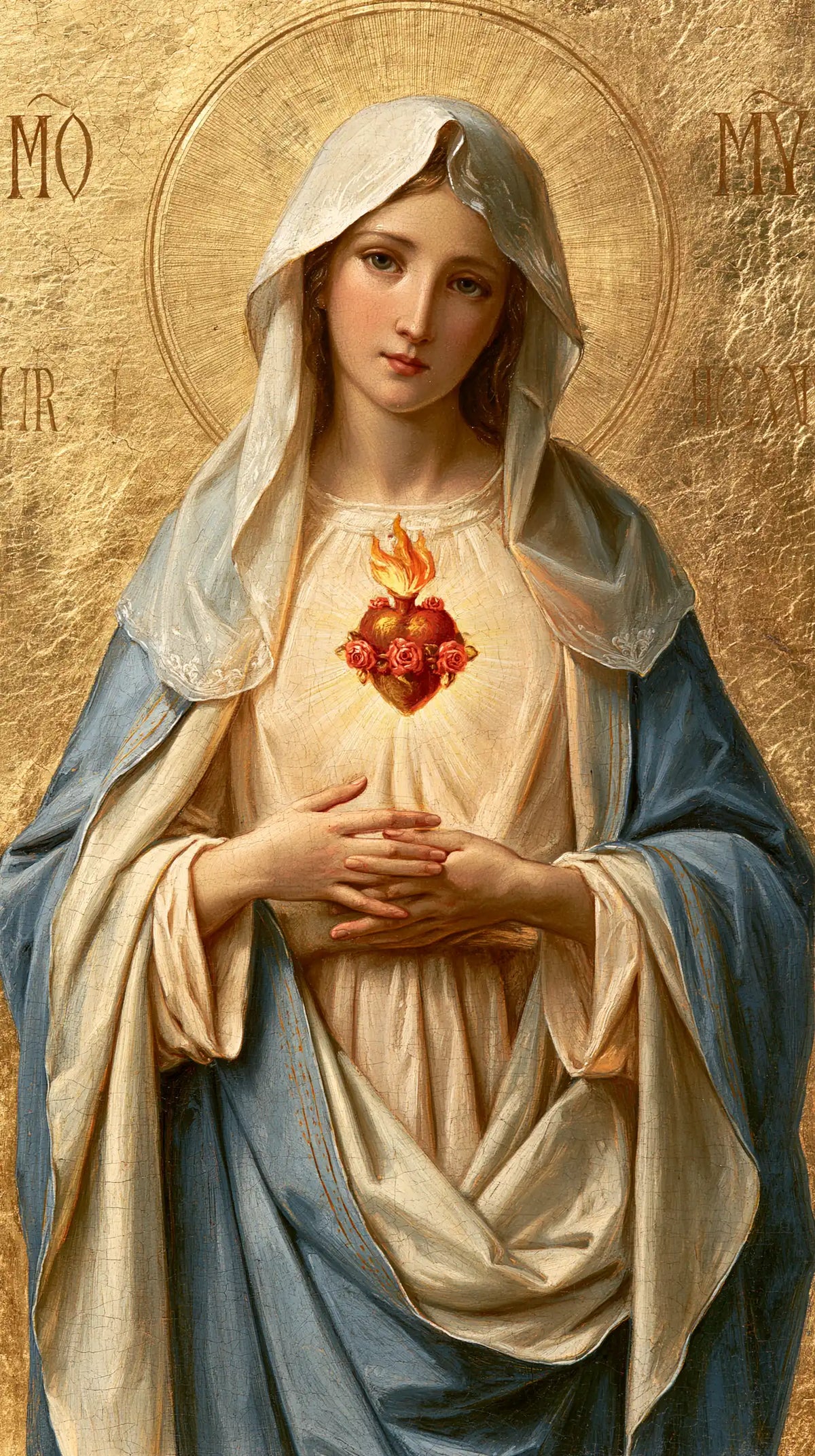 Mary revealing her Immaculate Heart in Sacred Gold style, portrait Christian artwork no. 14