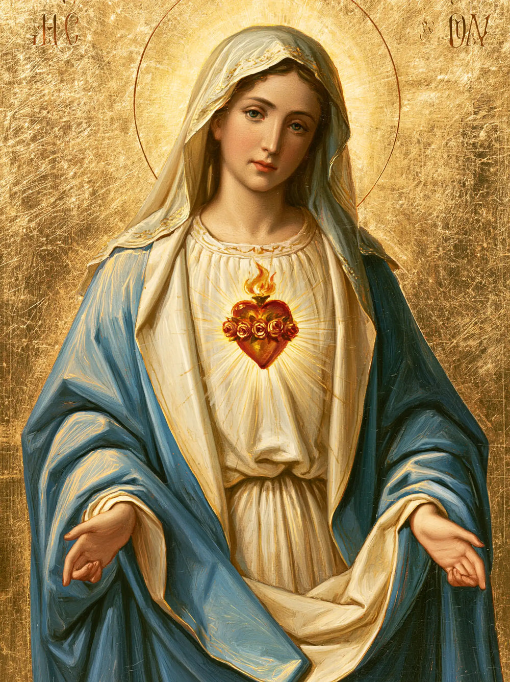 Mary revealing her Immaculate Heart in Sacred Gold style, portrait Christian artwork no. 17