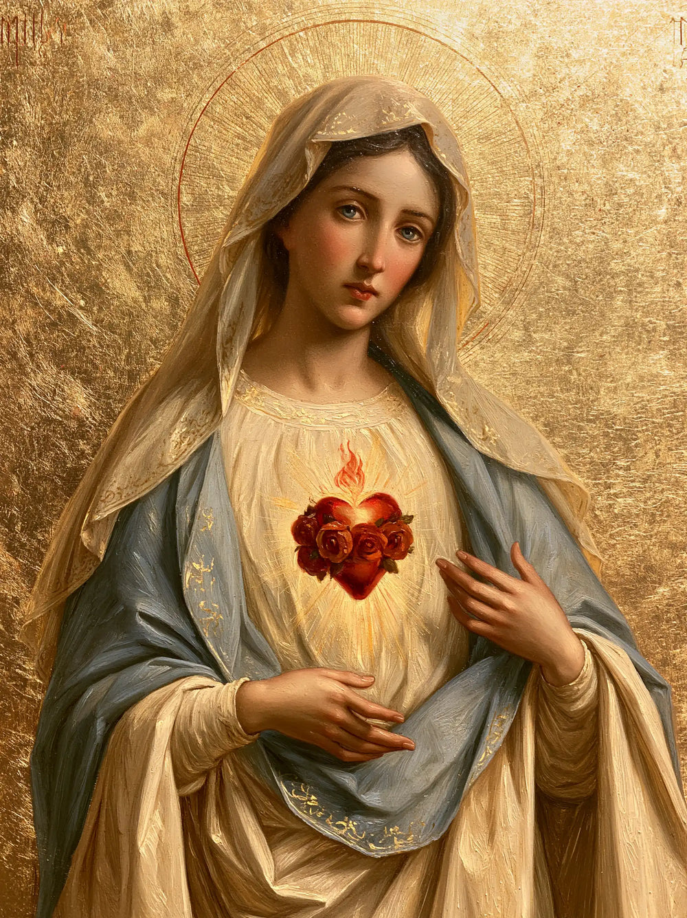 Mary revealing her Immaculate Heart in Sacred Gold style, portrait Christian artwork no. 19