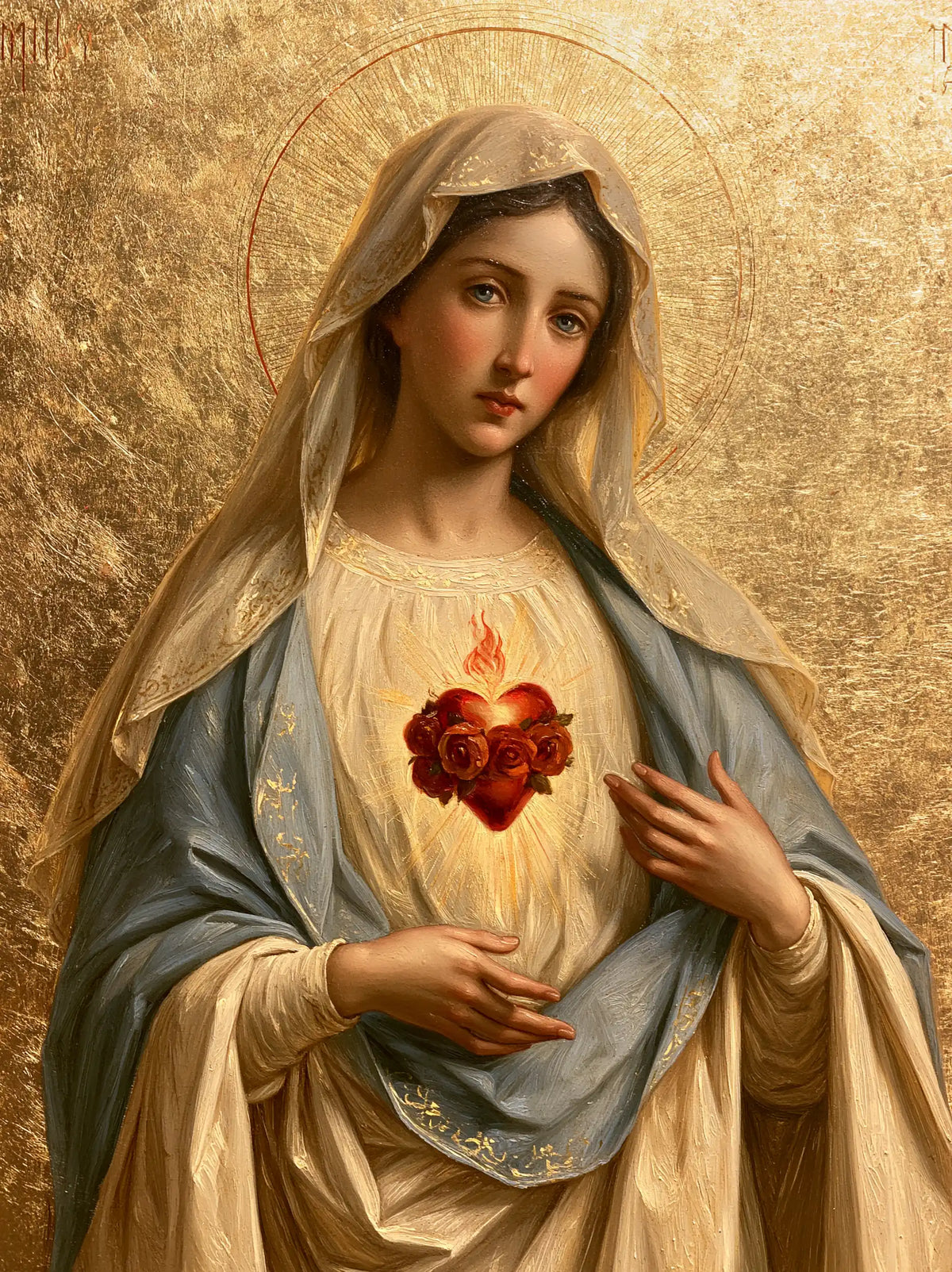 Mary revealing her Immaculate Heart in Sacred Gold style, portrait Christian artwork no. 19