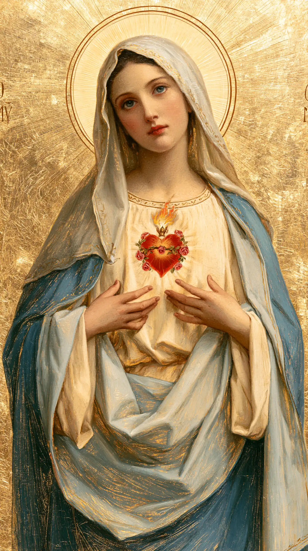 Mary revealing her Immaculate Heart in Sacred Gold style, portrait Christian artwork no. 21