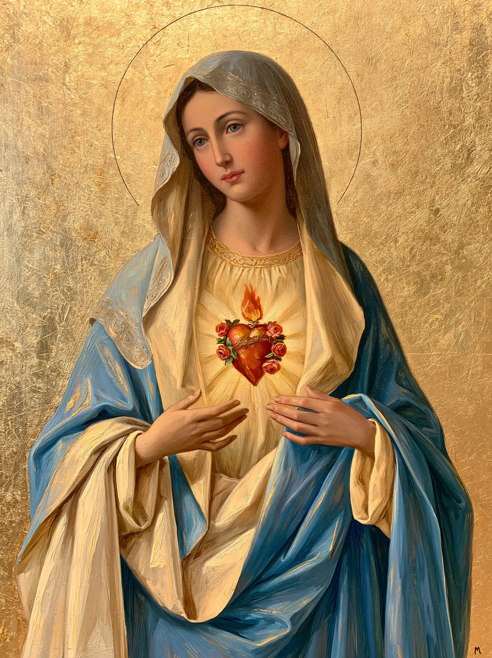 Mary revealing her Immaculate Heart in Sacred Gold style, portrait Christian artwork no. 28