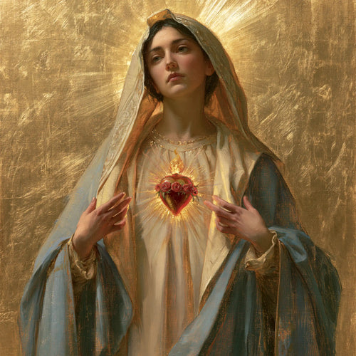 Mary revealing her Immaculate Heart in Sacred Gold style, square Christian artwork no. 1