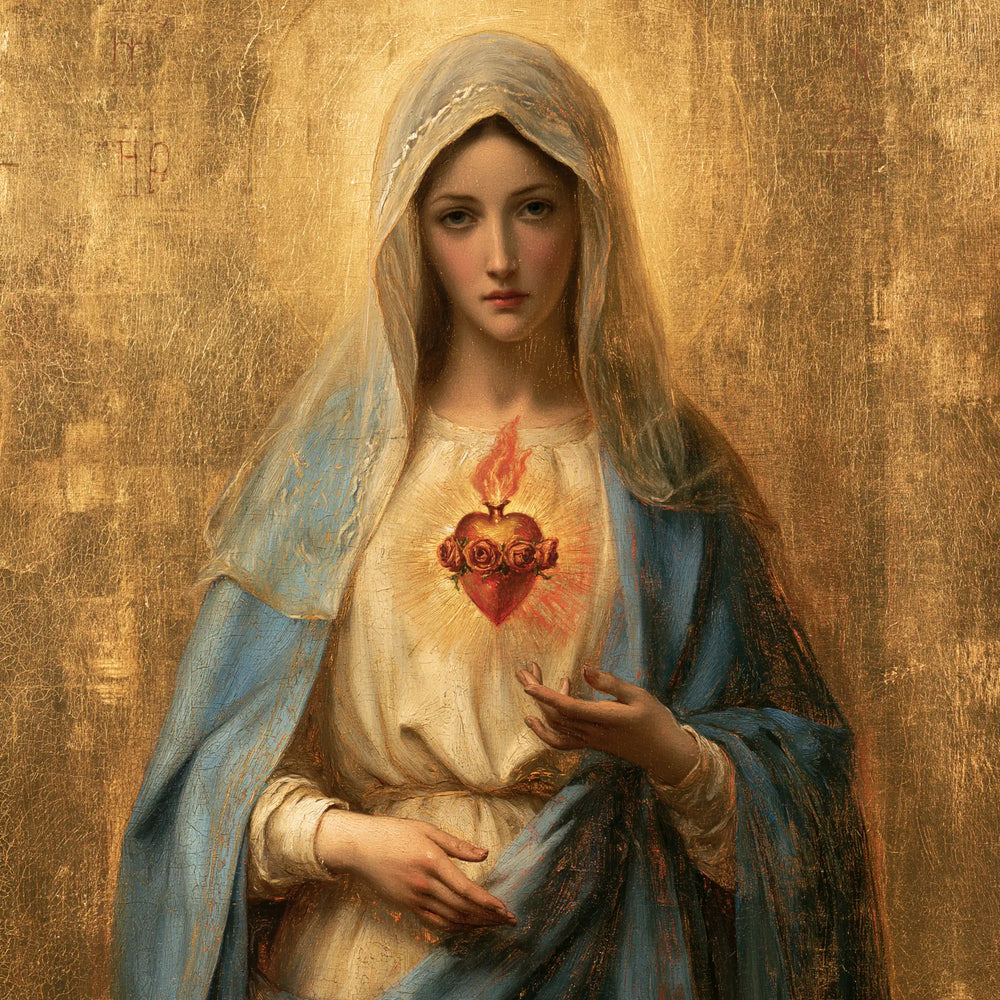 Mary revealing her Immaculate Heart in Sacred Gold style, square Christian artwork no. 2