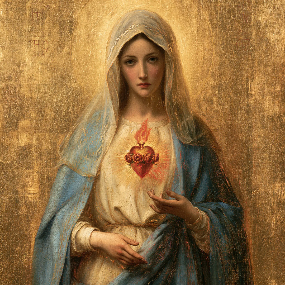 Mary revealing her Immaculate Heart in Sacred Gold style, square Christian artwork no. 2
