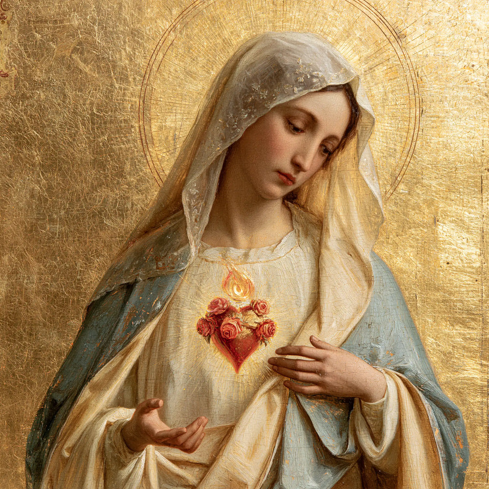 Mary revealing her Immaculate Heart in Sacred Gold style, square Christian artwork no. 8