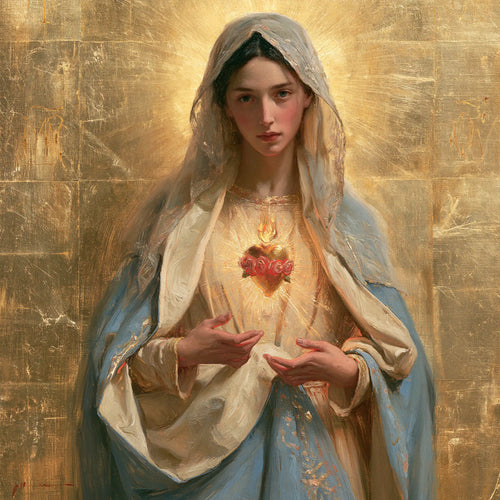 Mary revealing her Immaculate Heart in Sacred Gold style, square Christian artwork no. 9
