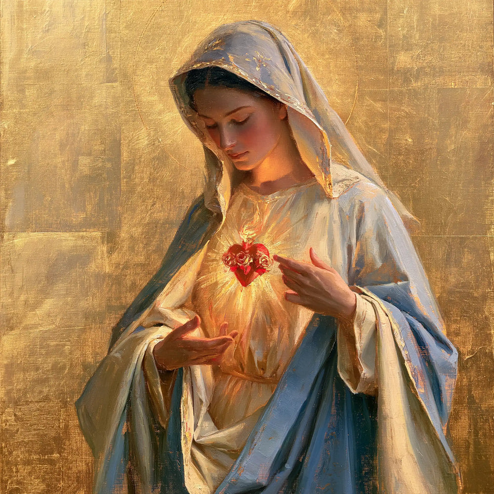 Mary revealing her Immaculate Heart in Sacred Gold style, square Christian artwork no. 10