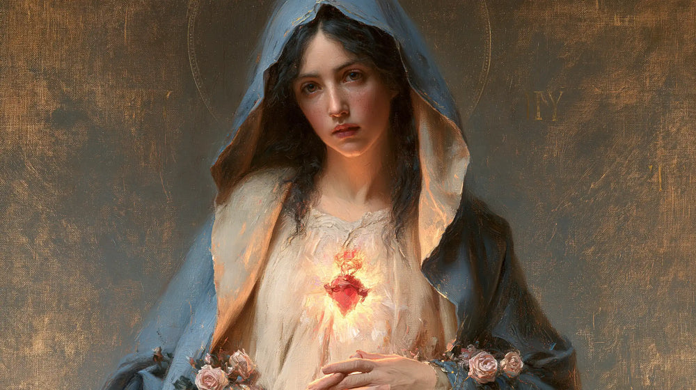 Mary with her Immaculate Heart in sacred maternal tenderness in Sacred Maternal Tenderness style, landscape Christian artwork no. 22