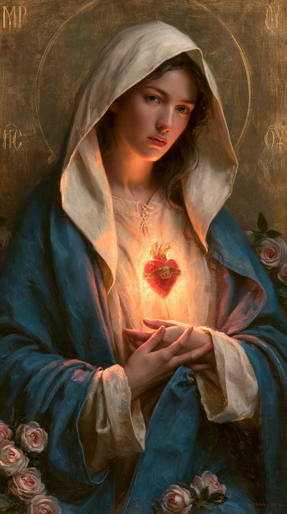 Mary with her Immaculate Heart in sacred maternal tenderness in Sacred Maternal Tenderness style, portrait Christian artwork no. 1