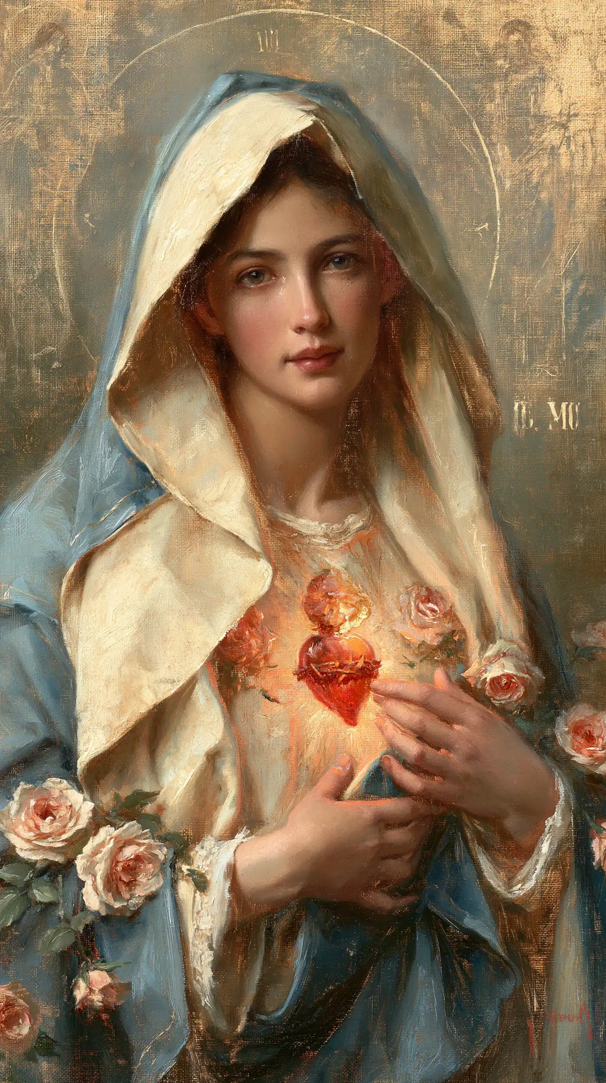 Mary with her Immaculate Heart in sacred maternal tenderness in Sacred Maternal Tenderness style, portrait Christian artwork no. 5