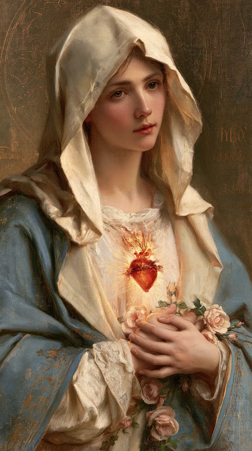 Mary with her Immaculate Heart in sacred maternal tenderness in Sacred Maternal Tenderness style, portrait Christian artwork no. 10