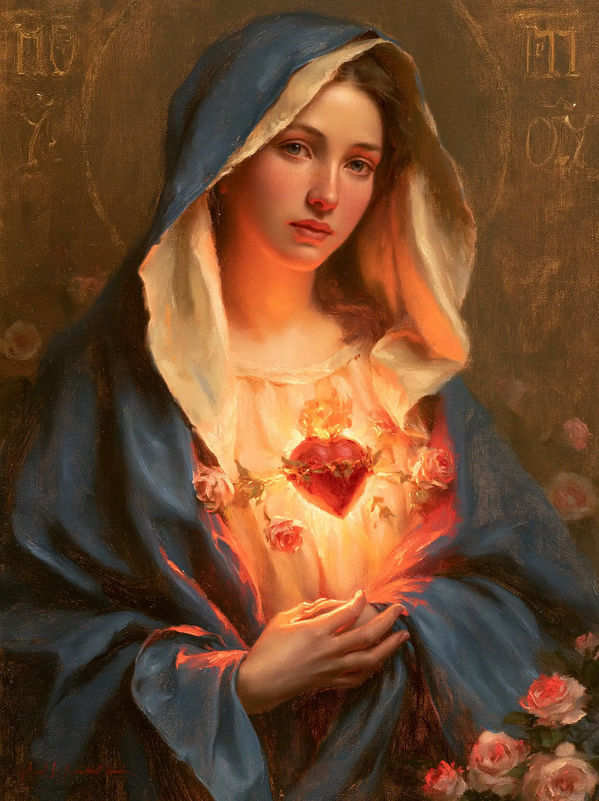 Mary with her Immaculate Heart in sacred maternal tenderness in Sacred Maternal Tenderness style, portrait Christian artwork no. 14