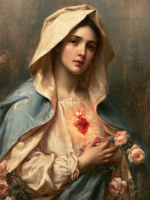 Mary with her Immaculate Heart in sacred maternal tenderness in Sacred Maternal Tenderness style, portrait Christian artwork no. 19