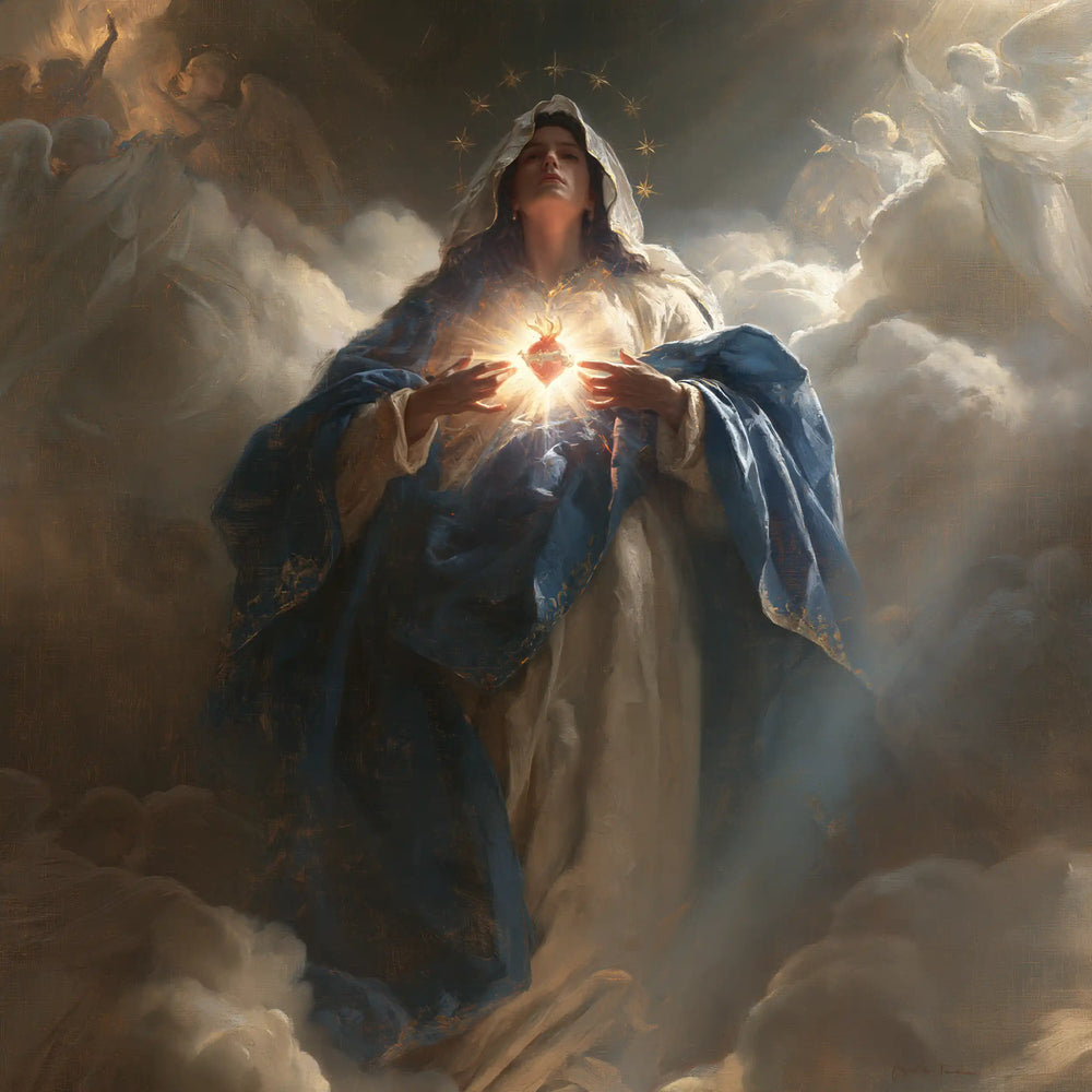 the Immaculate Heart of Mary in a monumental sacred view in Sacred Monumental View style, square Christian artwork no. 1