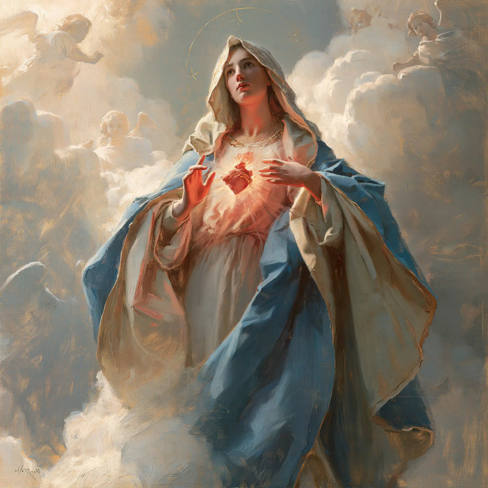 the Immaculate Heart of Mary in a monumental sacred view in Sacred Monumental View style, square Christian artwork no. 6