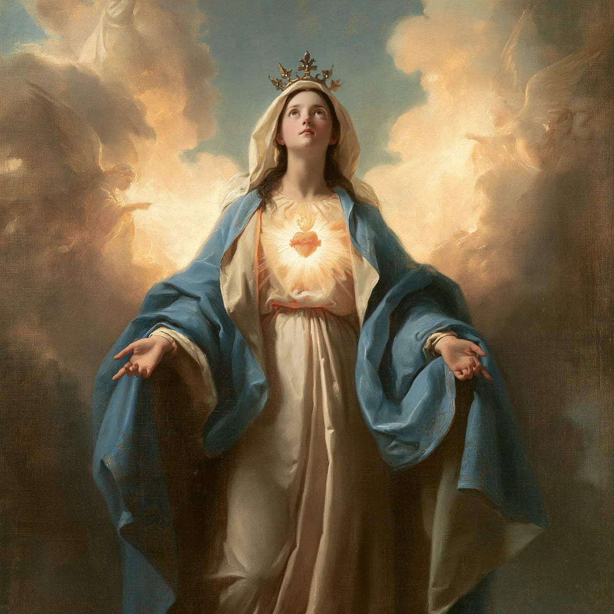 the Immaculate Heart of Mary in a monumental sacred view in Sacred Monumental View style, square Christian artwork no. 7