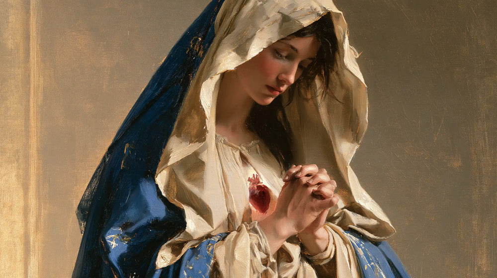 the Immaculate Heart of Mary in devotional silence in The Silence of Devotion style, landscape Christian artwork no. 11