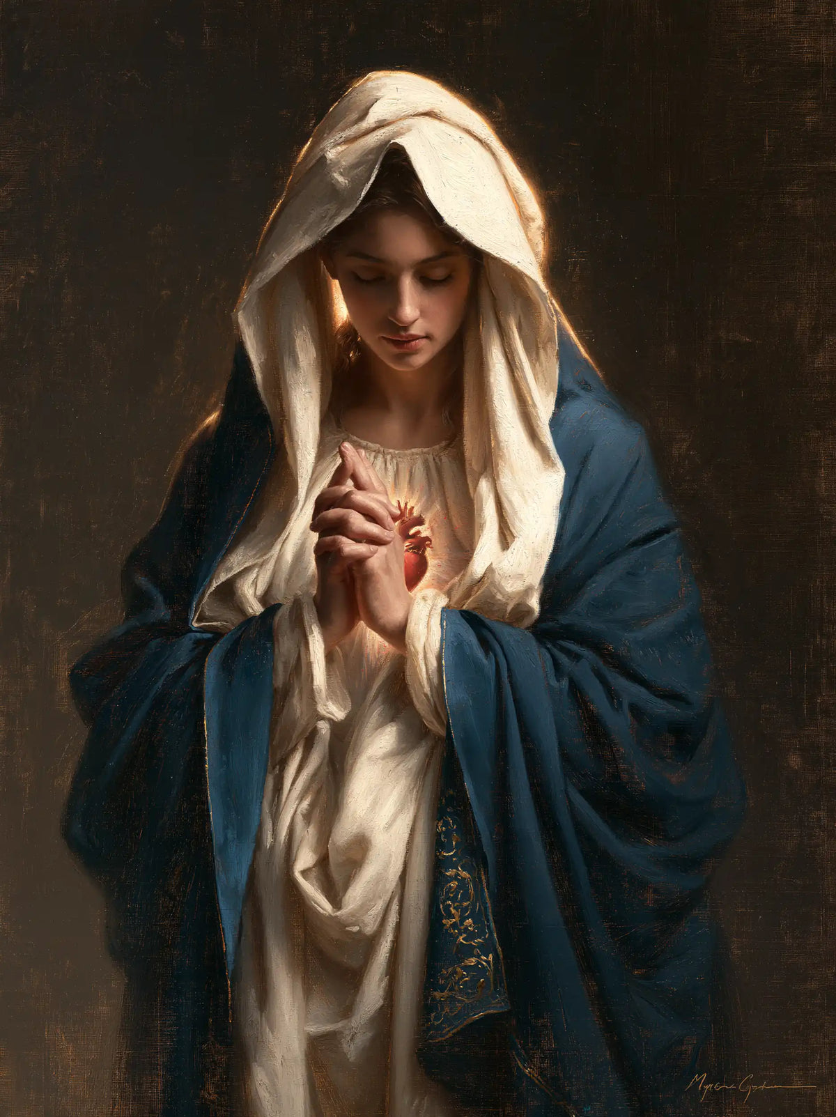 the Immaculate Heart of Mary in devotional silence in The Silence of Devotion style, portrait Christian artwork no. 9