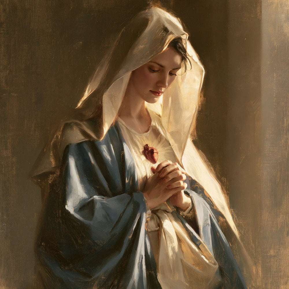 the Immaculate Heart of Mary in devotional silence in The Silence of Devotion style, square Christian artwork no. 5