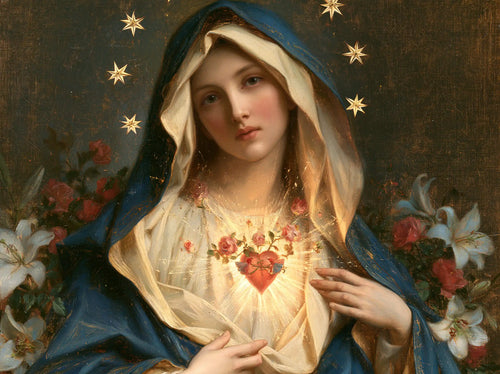 the Immaculate Heart of Mary in a symbolist composition in Symbolist style, landscape Christian artwork no. 4