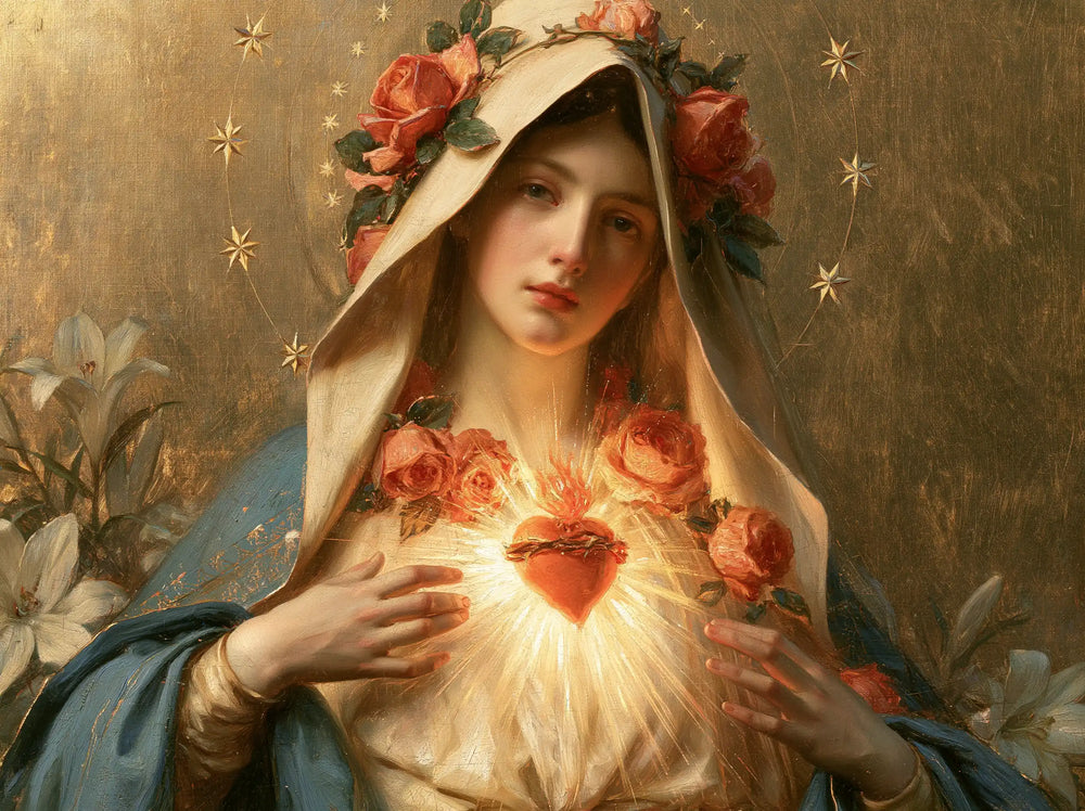 the Immaculate Heart of Mary in a symbolist composition in Symbolist style, landscape Christian artwork no. 5