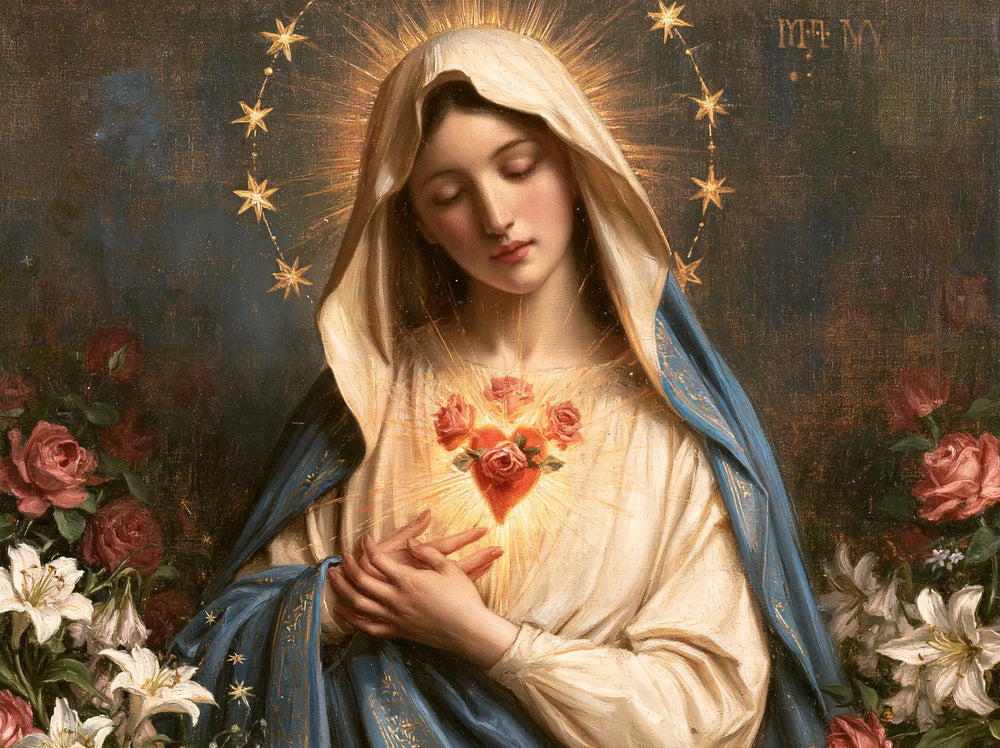 the Immaculate Heart of Mary in a symbolist composition in Symbolist style, landscape Christian artwork no. 6