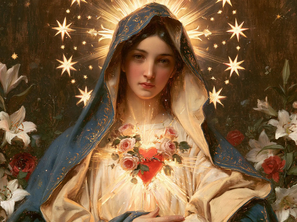 the Immaculate Heart of Mary in a symbolist composition in Symbolist style, landscape Christian artwork no. 7