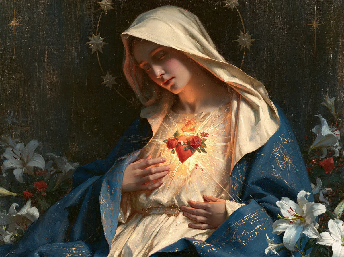 the Immaculate Heart of Mary in a symbolist composition in Symbolist style, landscape Christian artwork no. 9