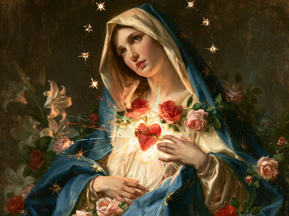 the Immaculate Heart of Mary in a symbolist composition in Symbolist style, landscape Christian artwork no. 10