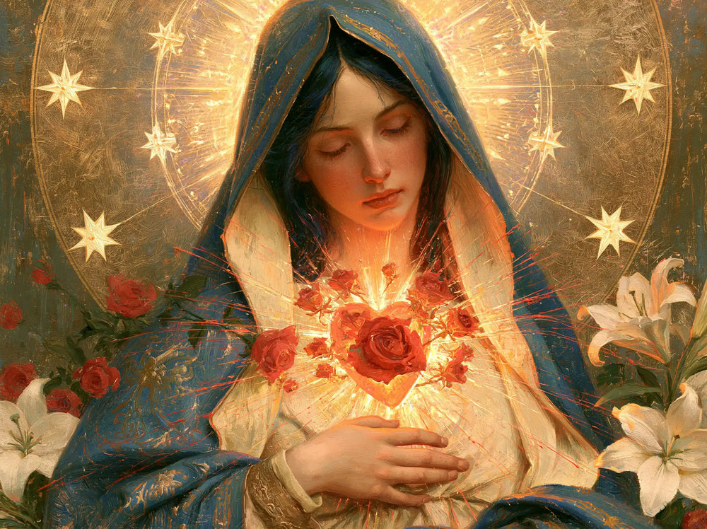the Immaculate Heart of Mary in a symbolist composition in Symbolist style, landscape Christian artwork no. 11