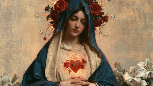 the Immaculate Heart of Mary in a symbolist composition in Symbolist style, landscape Christian artwork no. 15