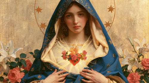 the Immaculate Heart of Mary in a symbolist composition in Symbolist style, landscape Christian artwork no. 16