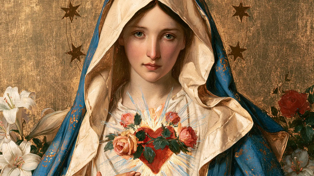 the Immaculate Heart of Mary in a symbolist composition in Symbolist style, landscape Christian artwork no. 18