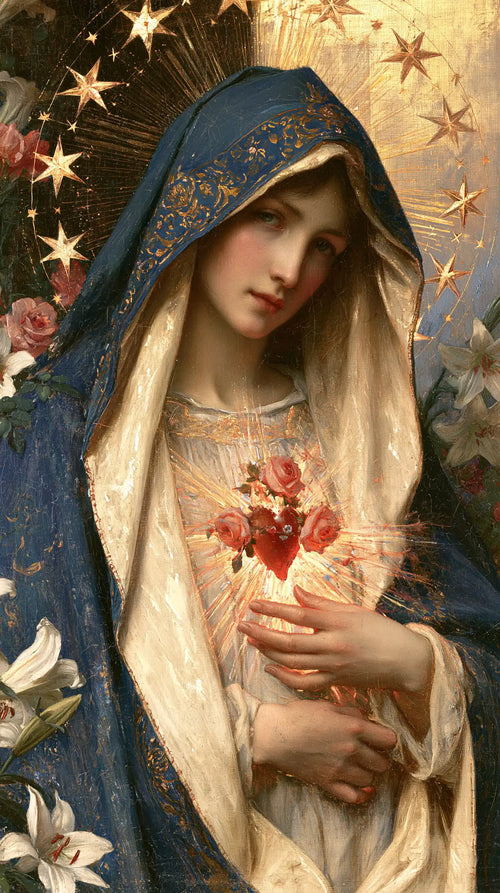 the Immaculate Heart of Mary in a symbolist composition in Symbolist style, portrait Christian artwork no. 1
