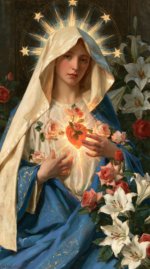 the Immaculate Heart of Mary in a symbolist composition in Symbolist style, portrait Christian artwork no. 8