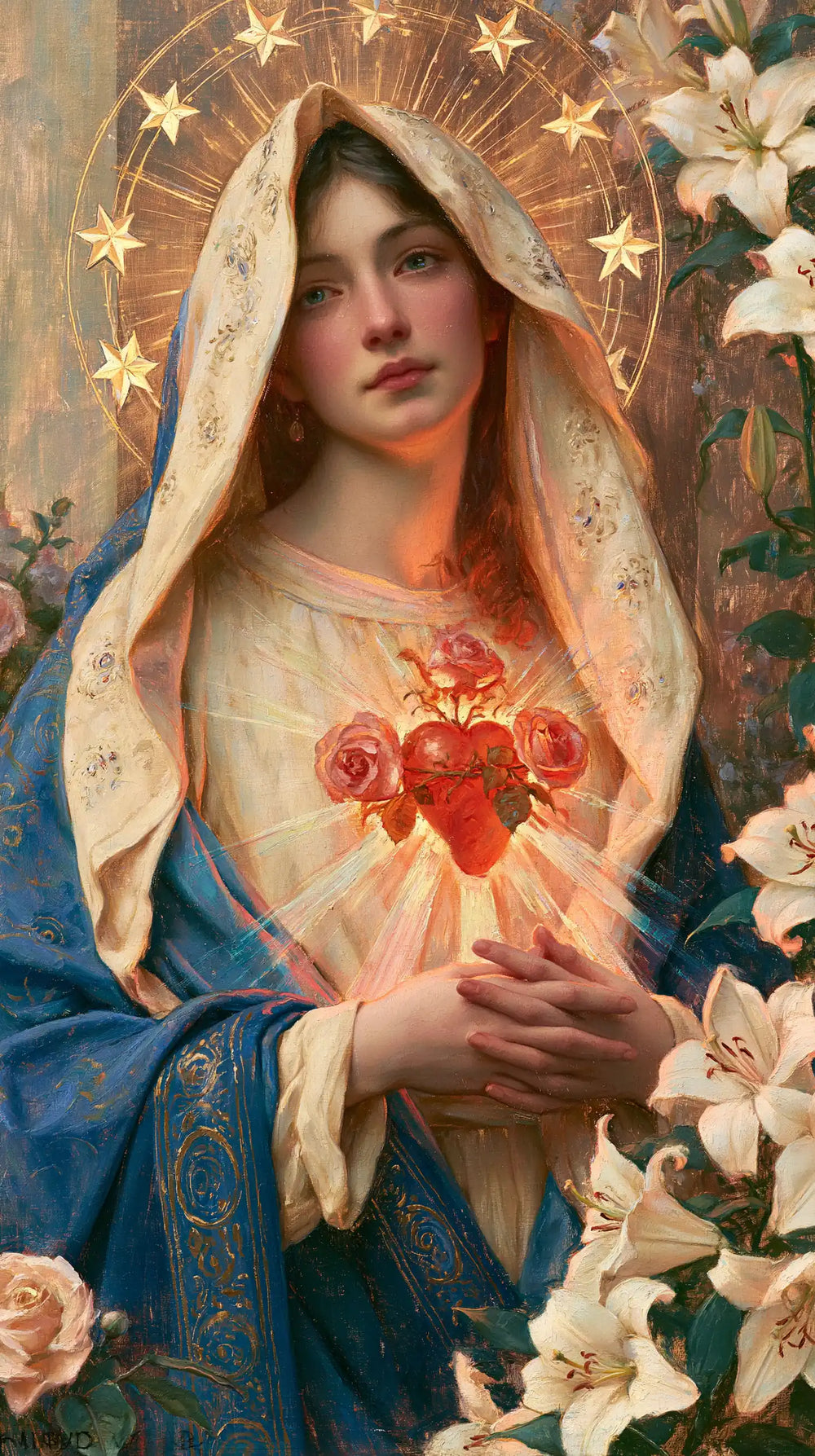 the Immaculate Heart of Mary in a symbolist composition in Symbolist style, portrait Christian artwork no. 12